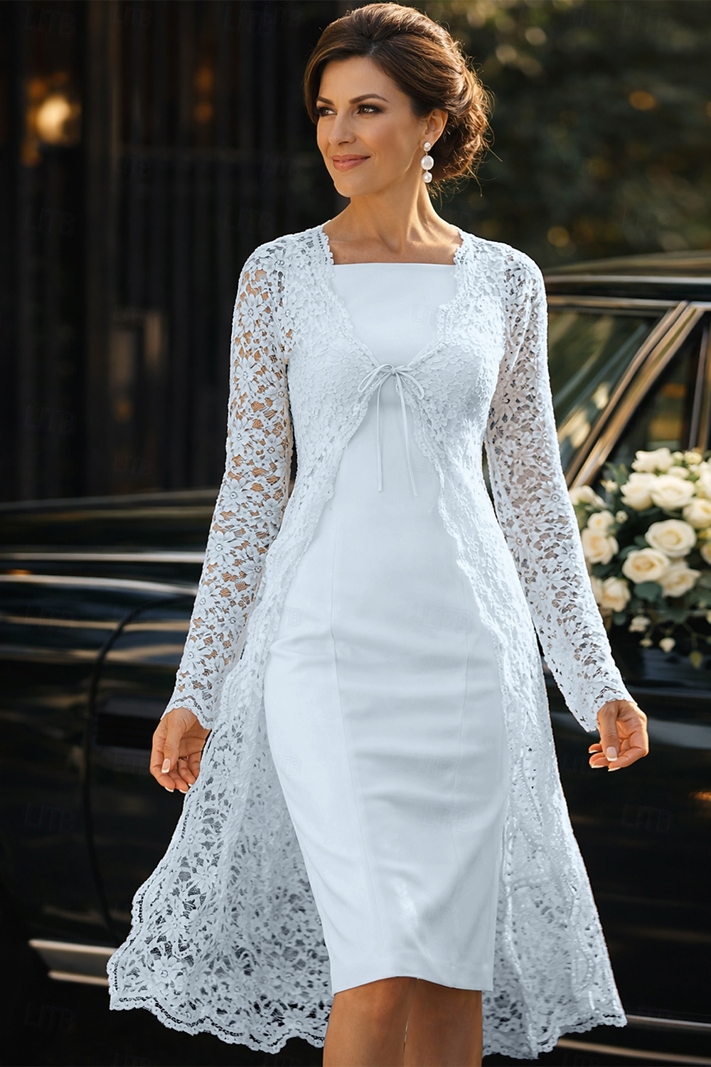 Todelt Linjeform Knelengde Gjestekjole til bryllup Kjole til brudens mor Ermeløs Firkantet hals Elegant Bryllupsgjest Bryllupsfest Kirke Chiffon Blonder Jakke kjoler med Ensfarget 2026 - $160.99 –P11