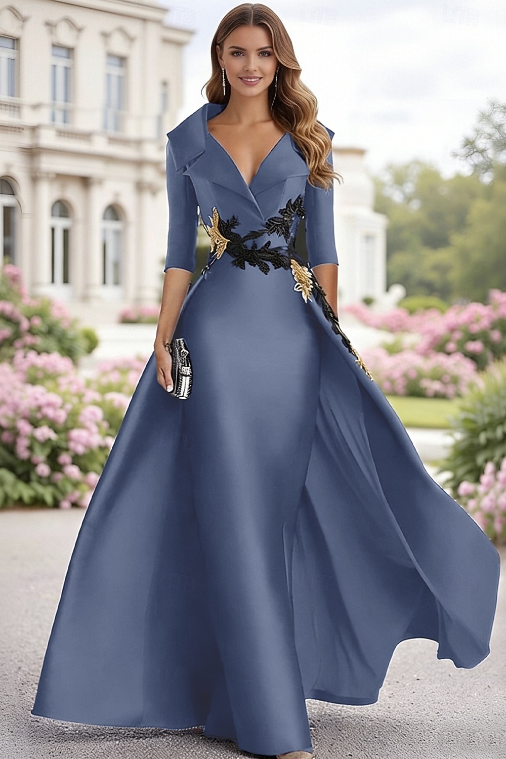 A-Line Floor Length Evening Gown Elegant 3/4 Length Sleeve Shirt Collar Formal Satin with Appliques 2026 - $186.99 –P1