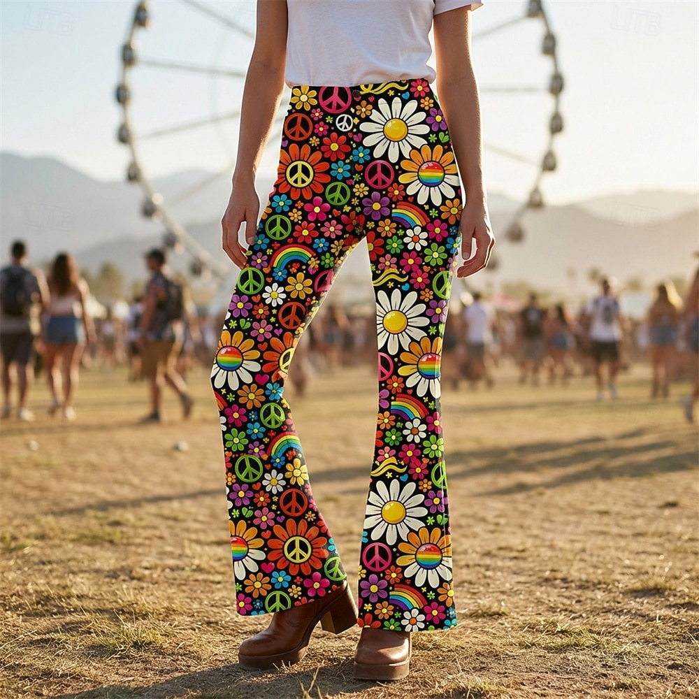 Retro Vintage Boho 1970s Pants Bell Bottom Pants Hippie Disco High Waist Floral Peace Symbols Fancy Dress Women's Halloween Carnival Music Festival Retro Theme Party Adults' Pants 2026 - $35.99 –P1