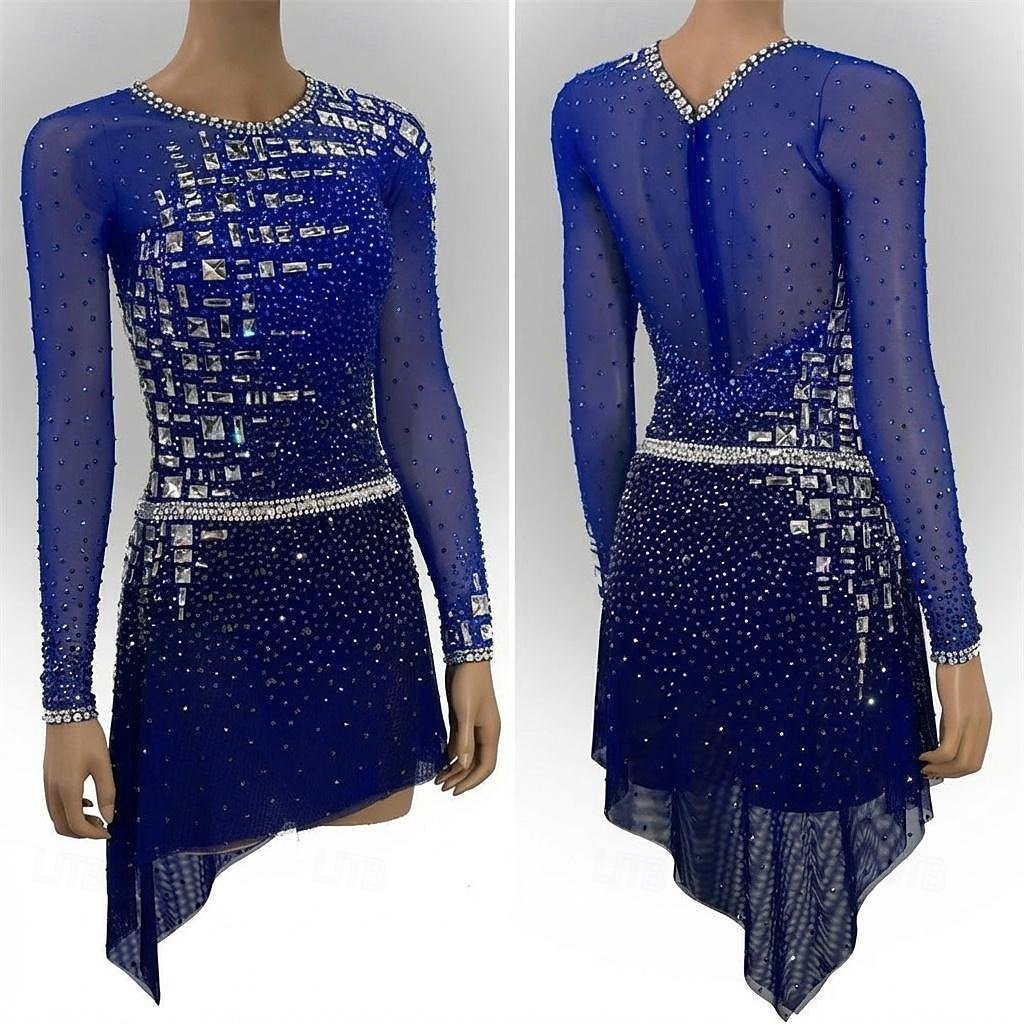 Rochie de Patinaj Artistic Pentru femei Πατινάζ στο πάγο Rochii Albastru Marin Închis Peteci Tiv Asimetric Strech Antrenament Competiție Ținută Patinaj Clasic Cristale / Strasuri Manșon Lung Patinaj 2026 - $330.29 –P1