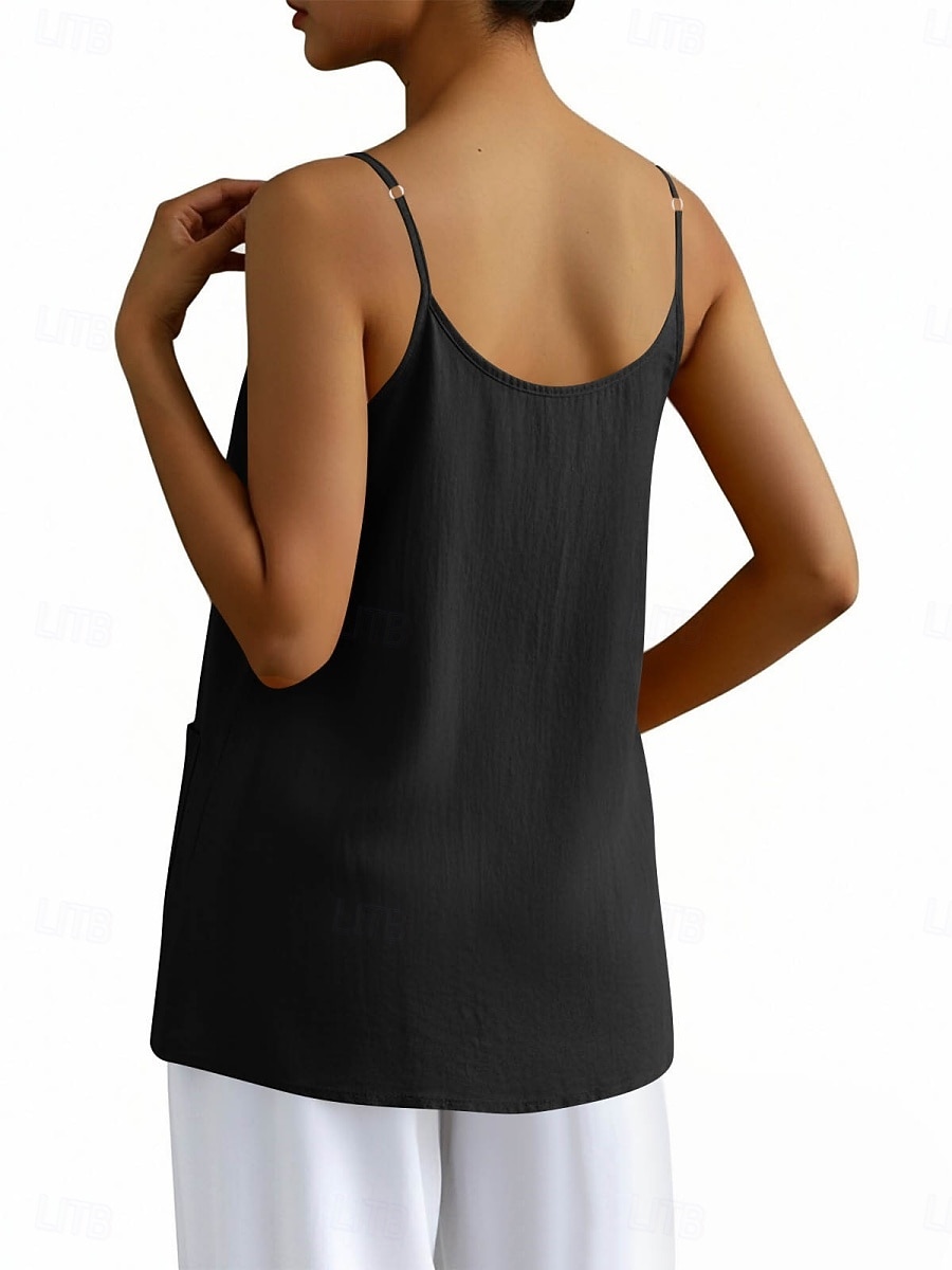 Regata feminina com bolso, lisa, moderna, elegante, clássica, sem mangas, gola redonda, ideal para uso diário, passeios e fins de semana. Cores: azul, preta, branca, amarela, rosa. Verão e primavera. de 2026 por $18.49 –P3