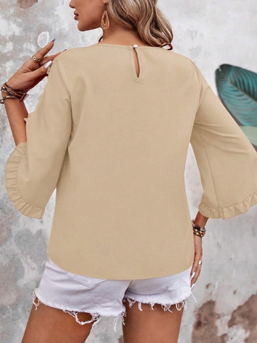 Mujer Camisa Blusa Blusa con volantes Volante Plano Elegante Clásico Moderno Manga 3/4 Cuello Barco Tops regulares Diario Festivos Noche Negro Rojo Naranja Verde Trébol Albaricoque Verano Primavera 2026 - $24.99 –P12