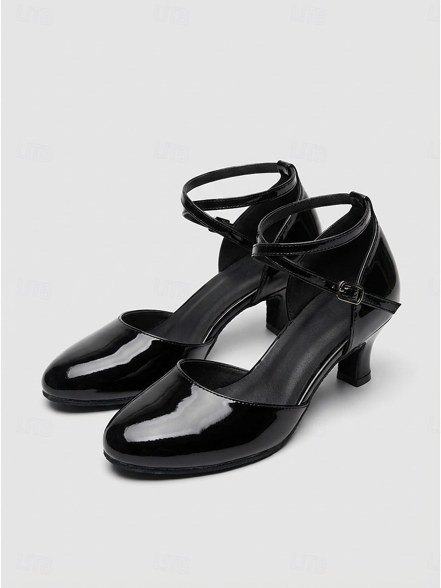 Zapatos de baile de salón para mujer, color burdeos charol, con tira cruzada, tacón bajo, estilo clásico para vals y foxtrot. &Tacones de baile cómodos y elegantes para practicar. 2026 - $34.99 –P4