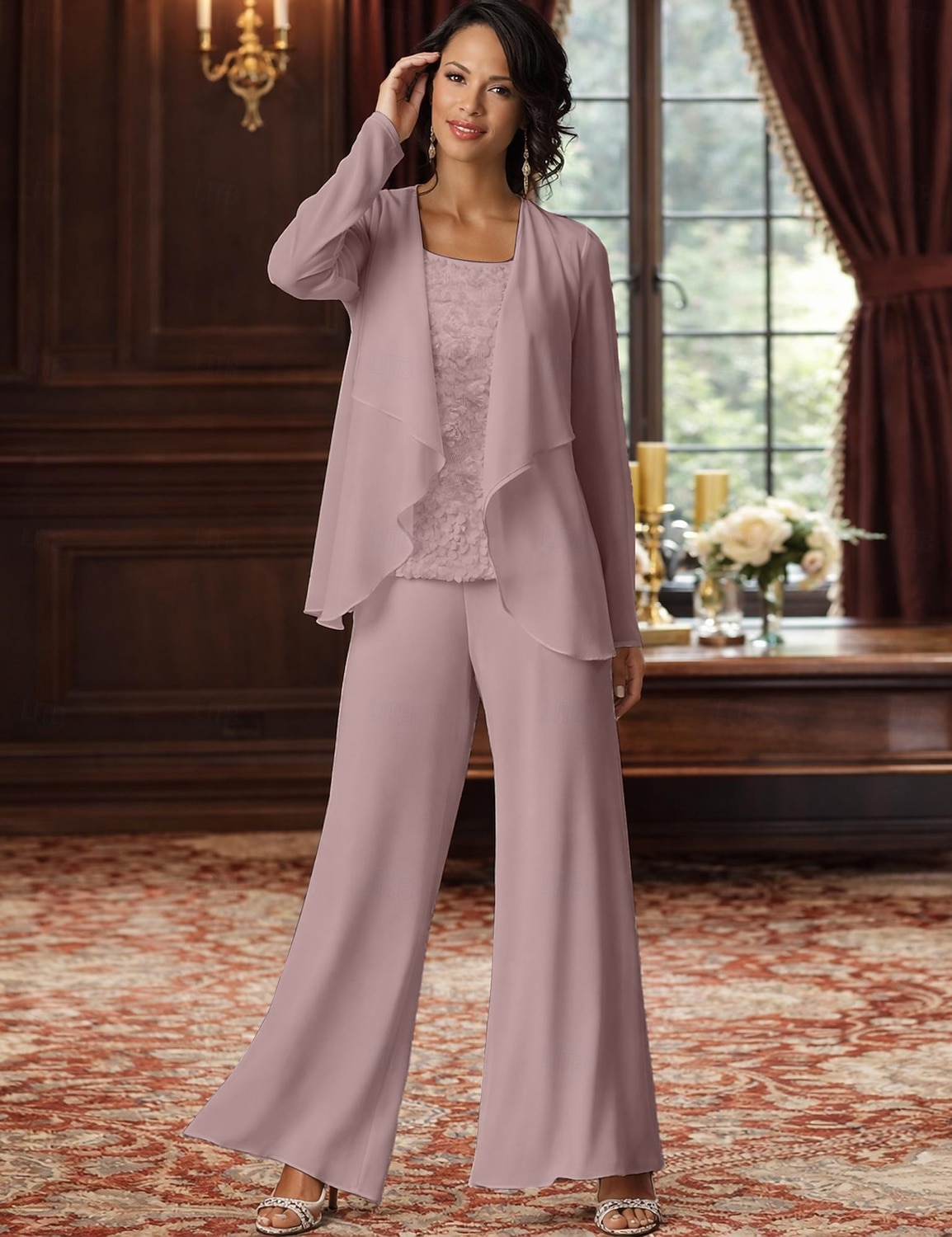 Traje de pantalón Traje de 3 piezas Hasta el Suelo Vestido de Madrina Sin Mangas Barco de cuello Elegante Talla Grande Bolero incluido Formal Invitado a la boda Gasa con Encaje 2026 - $126.99 –P8