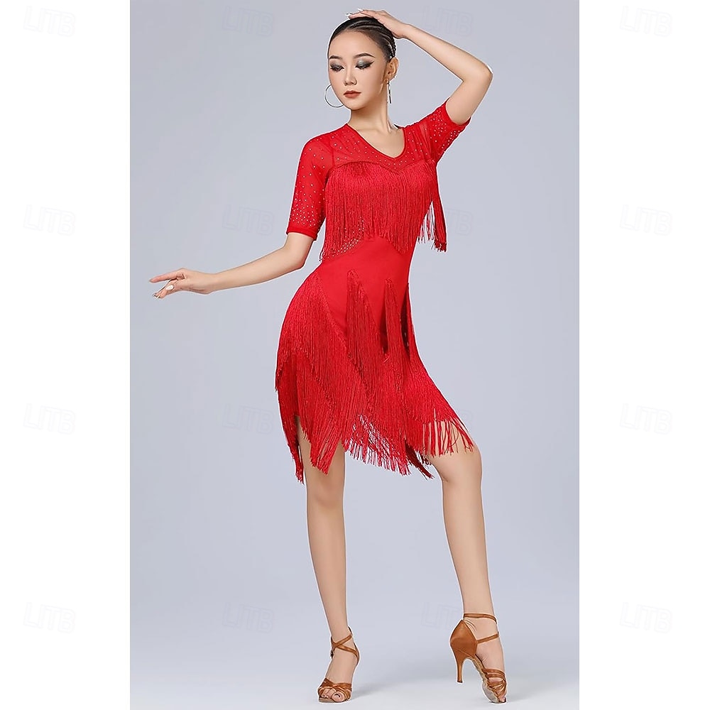 Baile Latino Vestido Pedrería Borla Mujer Fiesta Entrenamiento Rendimiento Media Manga Cintura Alta Nailon Encaje Licra 2026 - $96.99 –P5