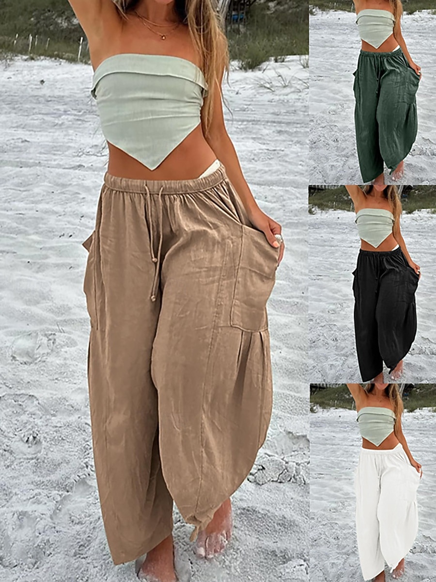 Dam Konstbomullslinne Brett skaft Kinesiska Semester Streetwear Ledigt Fullängd Medium Midja Slät Snörning Ficka Elastisk midja Bekväm Komfort Andningsfunktion Microelastisk Dagligen Utomhus 2026 - $26.99 –P1