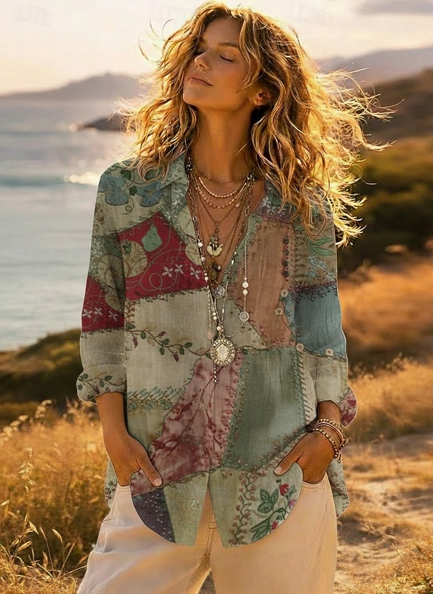 Damen Hemd Knopfleiste Bluse Kunstbaumwollleinen Knöpfe Druck Blumen Geometrisch Basic Lässig Langarm Hemdkragen Normale Oberteile Täglich Armeegrün Rote Khaki Grau Sommer Frühling Herbst 2026 - $31.99 –P9