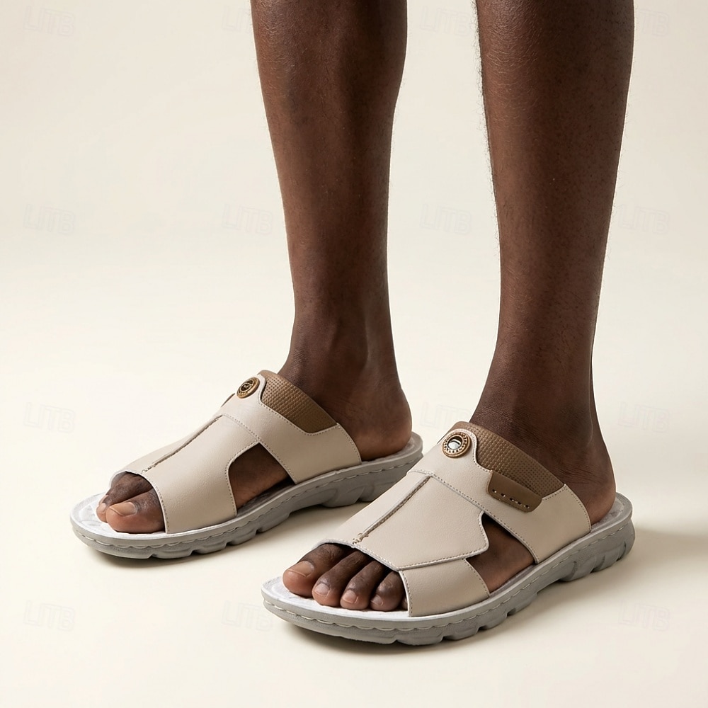 Sandalias planas de hombre en color beige y blanco con aberturas, puntera abierta, estilo casual, cómodas, ideales para el verano, vacaciones en la playa, resorts, viajes, uso doméstico, actividades al aire libre y un estilo relajado para climas cálidos. 2026 - $42.99 –P2