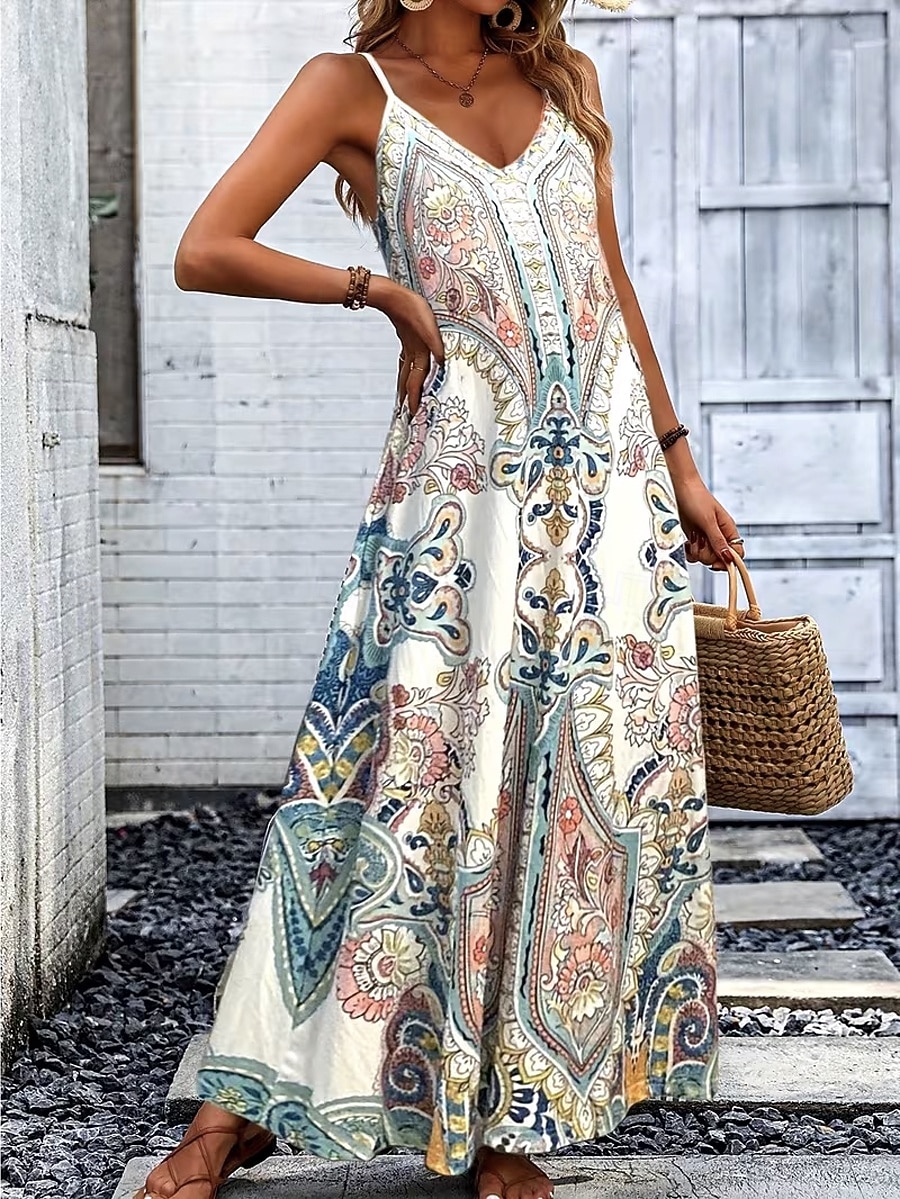 Damen Maxikleid Sommerkleid A Linie Kleid Unterkleid Urlaub Lässig Strand Ausgehen Lässiger Schnitt Grafik Paisley-Muster Ärmellos V Ausschnitt Weiß Sommer Frühling 2026 - $36.99 –P1