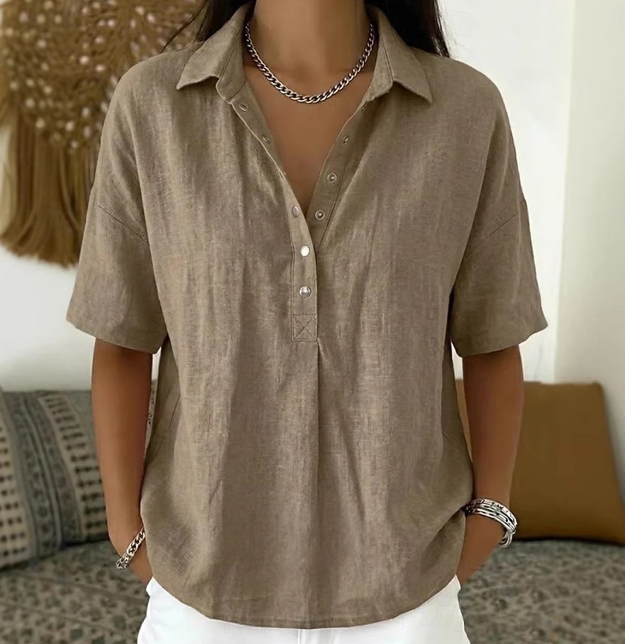 Women's Shirt Linen-feel Shirts Vintage Stylish Short Sleeve Turndown Regular Tops Daily Work Holiday Blue Black White Pink Light Brown Summer Spring 2026 - $28.99 –P4