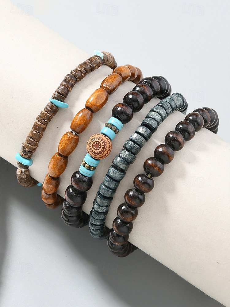 Férfi bohém, egymásra rakható fagyöngyös karkötő szett, többrétegű törzsi etikai csuklópánt türkiz díszítéssel, kézzel készített tengerparti nyaraláshoz és mindennapi használatra szánt ékszer férfiaknak 2026 - $9.99 –P4