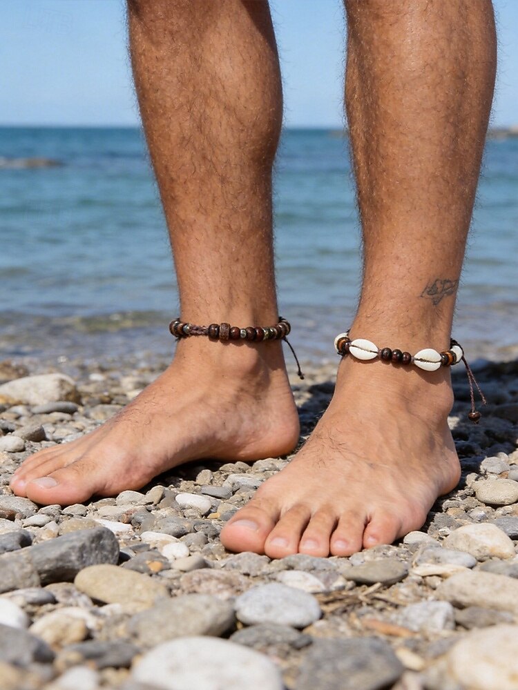 Pánská sada bohémských náramků na kotník z mušlí cowrie a dřevěných korálků, 2 ks ručně vyráběných kmenových nastavitelných šperků na nohy pro letní dovolenou u pláže a každodenní nošení. 2026 - $7.99 –P3