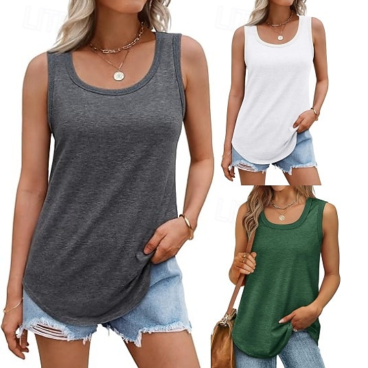 Mujer Camiseta sin mangas Plano Moda Elegante Clásico Sin Mangas Cuello Barco Tops regulares Diario Noche Fin de semana Negro Blanco Verde Claro Rosa Vino Verano Primavera 2026 - $19.99 –P1