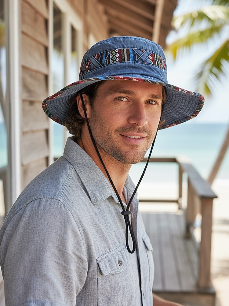 Ανδρικό καπέλο bucket από μείγμα βαμβακιού σε μποέμ στιλ με έθνικ σχέδια, πολύχρωμο σχέδιο – ιδανικό για καθημερινή χρήση και ταξίδια διακοπών 2026 - $11.99 –P1