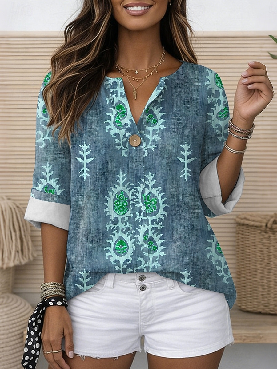 Pentru femei Bluză Imprimeu Grafic Geometric Epocă Stilat Modern Lungime Manșon 3/4 Stil Nautic Topuri obișnuite Zilnic Concediu Costum de plajă Albastru piscină Mov Trifoi Albastru Închis Var 2026 - $31.99 –P2