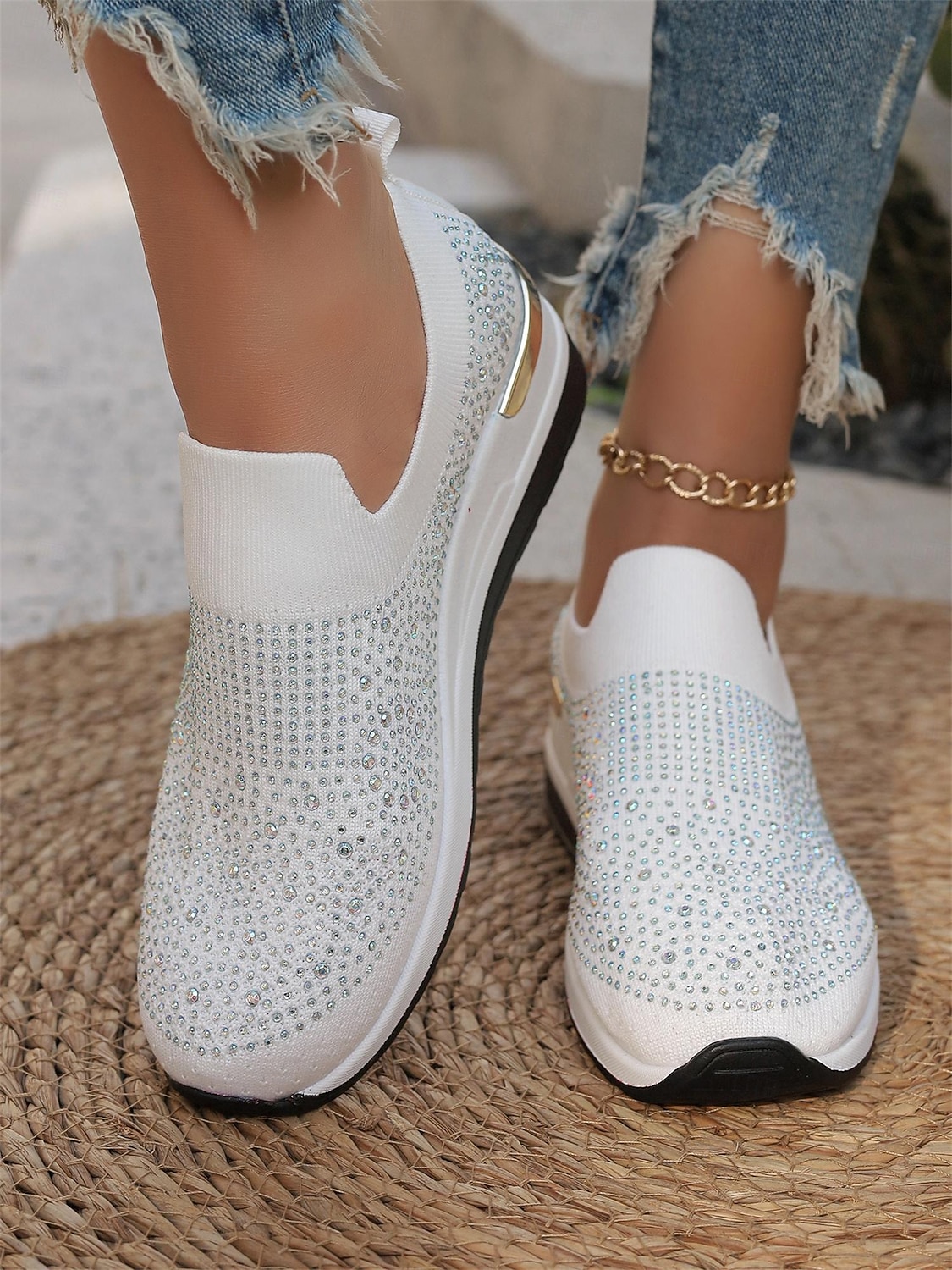 Women's Rhinestone-Embellished Black Slip-On Sneakers – Lightweight, Sparkly Fashion Athletic Shoes for Casual Wear 2026 - $34.99 –P2