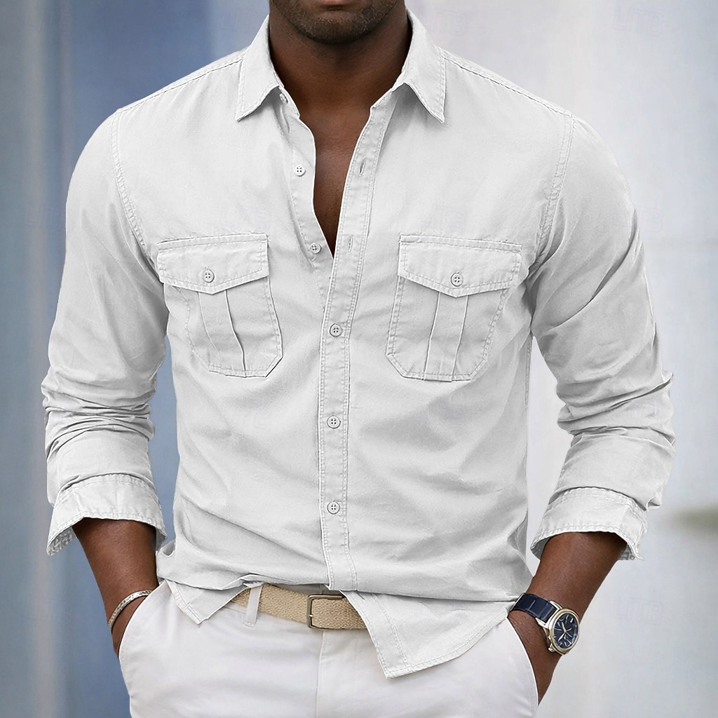 Men's Shirt Casual Shirt Work Shirt Button Up Shirt Black White Green khaki Army Green Long Sleeve Plain Shirt Collar Casual Daily Front Pocket Clothing Apparel Elegant Fashion Casual 2026 - $31.99 –P1