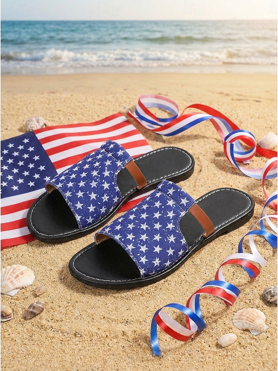 Women's USA 250th Anniversary Star Print Slides - Patriotic Blue Flat Sandals with Star Pattern for 2026 Independence Day, Beach Vacations & Patriotic Parades 2026 - $19.99 –P2