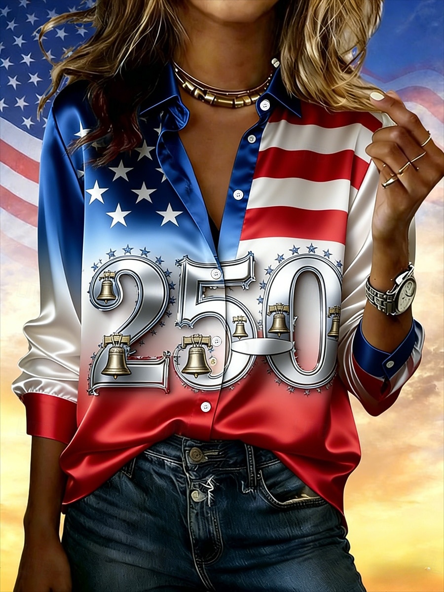 Amerikansk uavhengighetsdag Dame Skjorte Knapper Trykt mønster Grafisk Amerikansk flagg Årgang Stilfull Moderne Langermet Skjortekrage Vanlige topper Daglig Arbeid Blå Hvit Rød Sommer Vår 2026 - $41.99 –P1