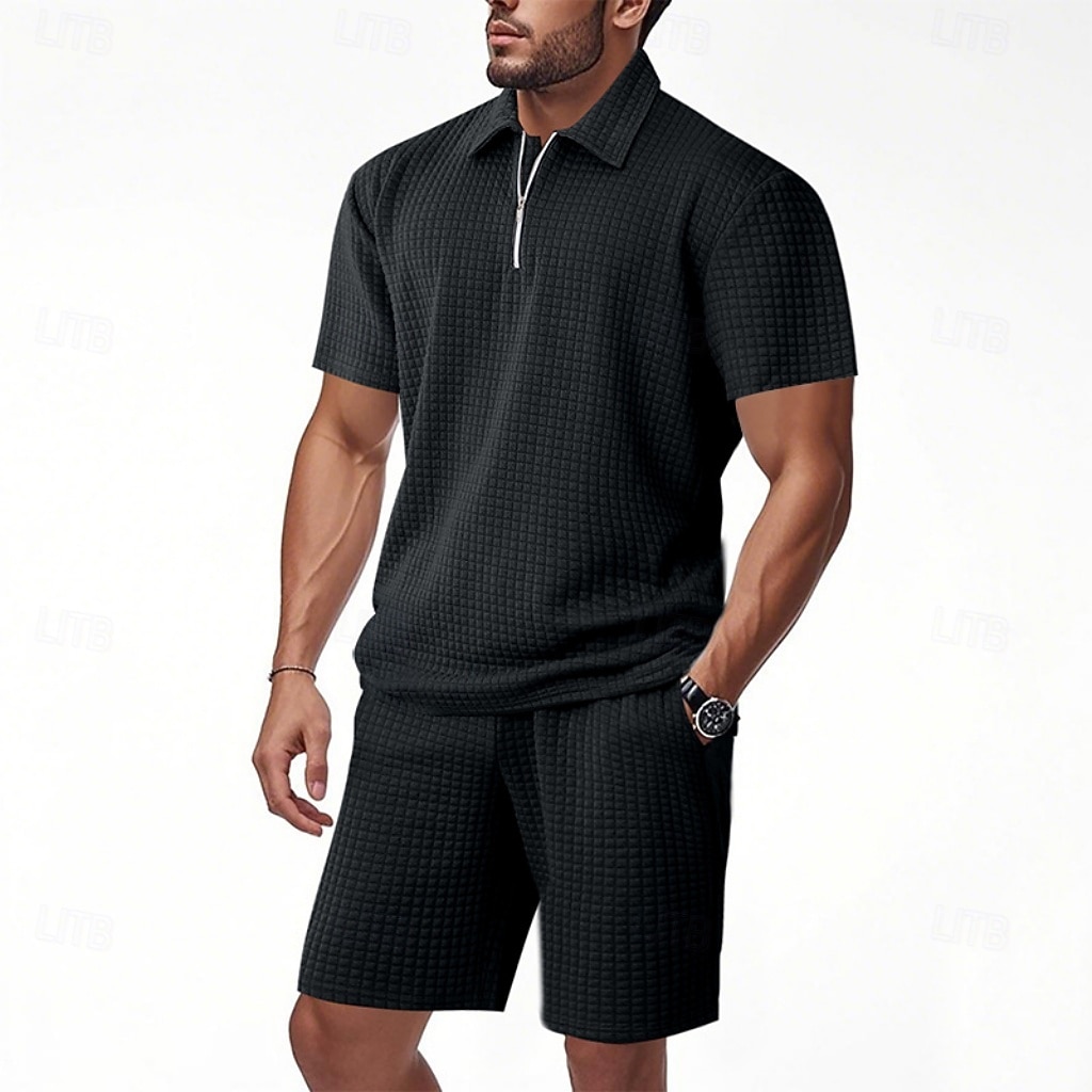 Herre Polo T-skjorte drakter Joggedress Shorts og T-skjorte sett Kortermet Kort Erme Aftæpning Sommer Fargeblokk Gymnastik Fritid Jacquard Glidelås 2 deler Avslappet Feriereise Dagligdagstøy Svart 2026 - $35.99 –P13