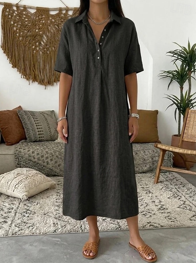 Dames Halflange jurk Zonnejurk Zomerjurk Vakantie Casual Boho Dagelijks Feestdagen Uitgaan Ruim Passend Effen Korte mouw Revers blauw Grijs roze Zwart Geel Zomer Lente 2026 - $32.99 –P3