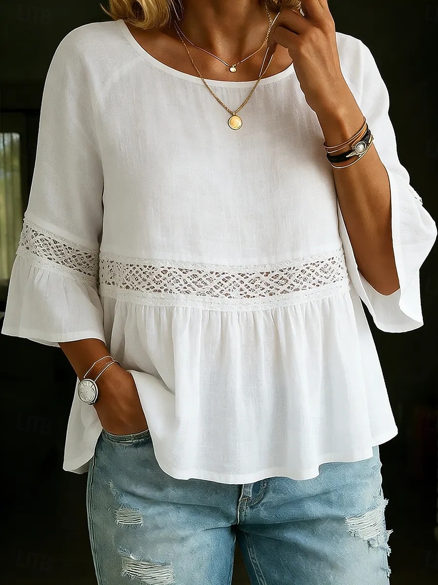 Per donna Blusa Volant Traforato Tinta unica Lussuoso Casual Manica 3/4 Girocollo Top Regolari Quotidiano Bianco Giallo Verde chiaro Rosa Viola chiaro Estate Primavera Autunno del 2026 a $25.99 –P1