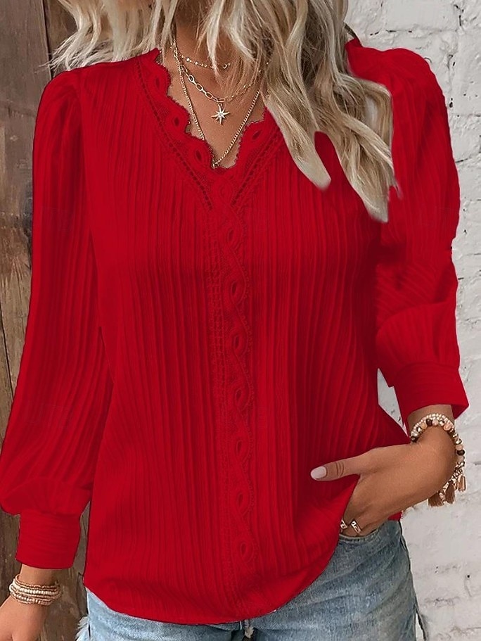 Women's Lace Shirt Blouse Lace Patchwork Solid Color Stylish Casual Long Sleeve V Neck Regular Tops Daily Blue Black White Yellow Red Spring Fall 2026 - $19.99 –P9