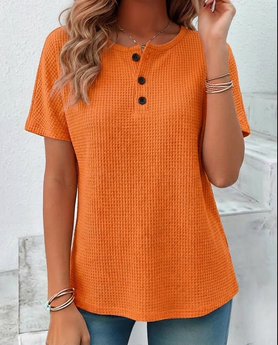 Mujer Camiseta Tops de verano Tops de punto gofre Botón frontal Graphic Plano Elegante Clásico Manga Corta Cuello Barco Tops regulares Diario Noche Ropa de playa Negro Blanco Amarillo Rojo Naranja 2026 - $27.99 –P2