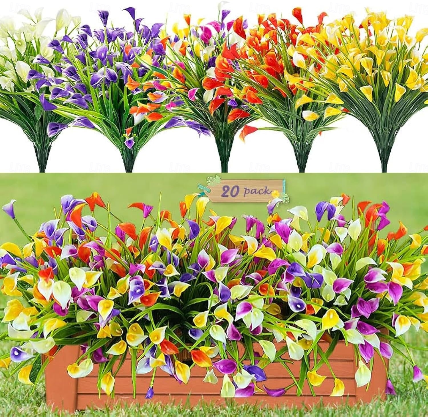 20 bunter med kunstige calla liljer til utendørs bruk, kunstige planter UV-bestandige kunstige plastblomster til innendørs blomsterkasse, veranda, sommer, kirkegård, vårdekor (fargemiks) 2026 - $27.99 –P1
