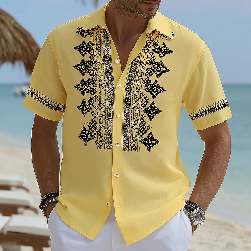 Men's Geometric Pattern Ethnic Shirt Button Up Shirt Short Sleeve Vintage Retro Daily Outdoor Vacation Summer Spring Turndown 3D Print Linen Like Shirt Blue Yellow Sky Blue Purple Khaki 2026 - $25.99 –P1