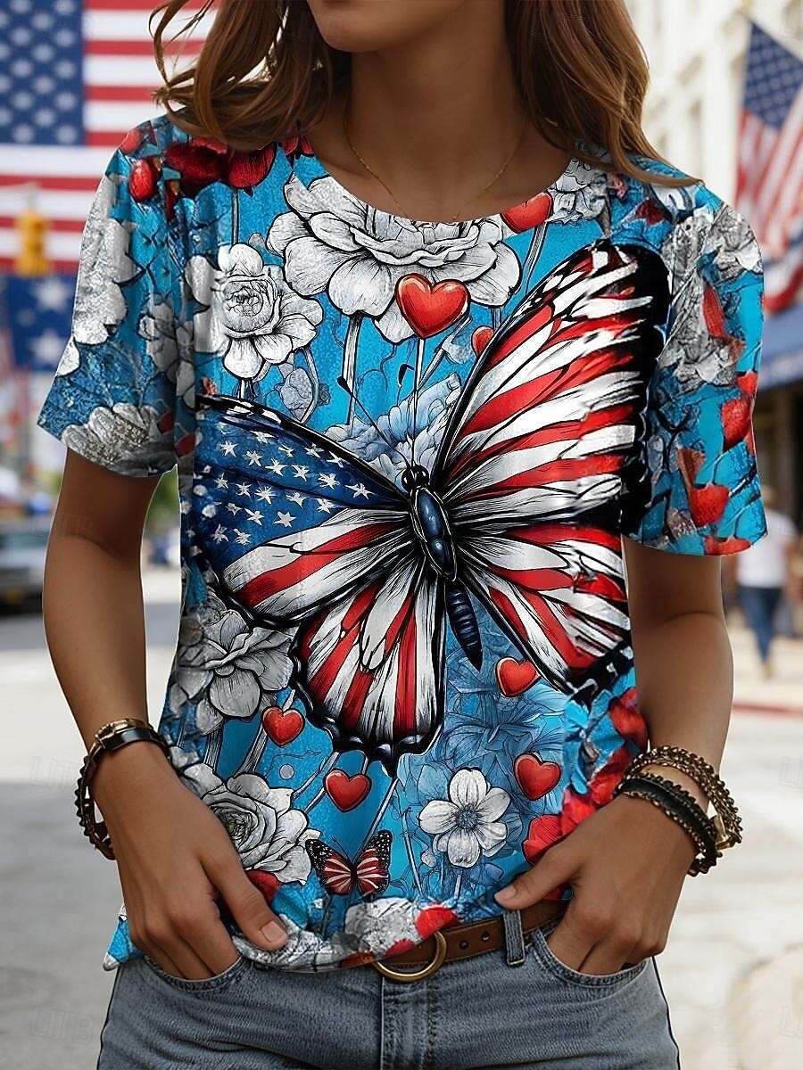 día de la independencia americana Mujer Camiseta Camiseta superior Graphic Mariposa Elegante Clásico Casual Manga Corta Cuello Barco Tops regulares Diario Noche Fin de semana Azul Piscina Verano 2026 - $14.99 –P1