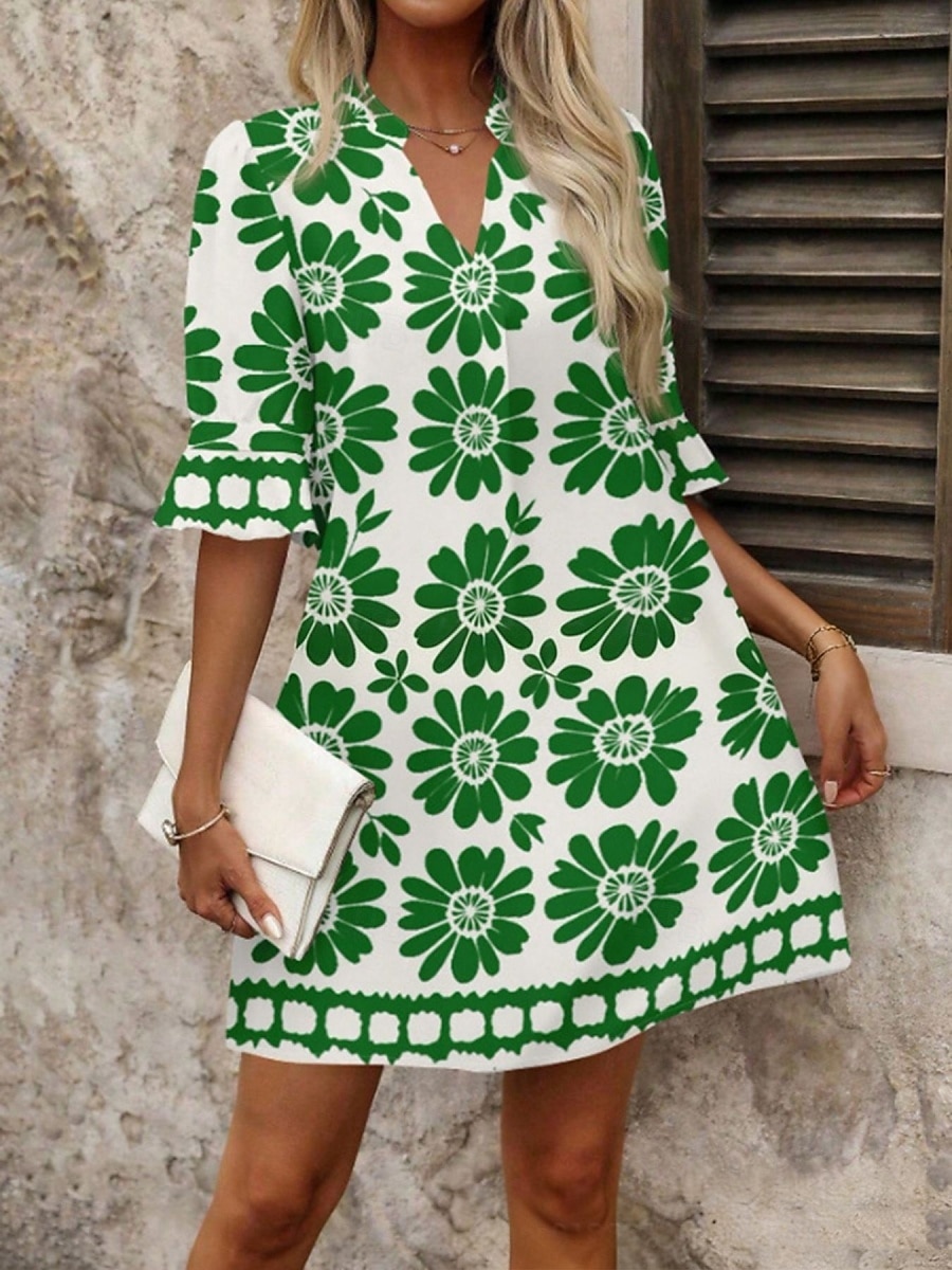 Women's Mini Dress Shift Dress Casual Dress Print Dress Fashion Modern Daily Vacation Going out Regular Fit Floral Long Sleeve V Neck Blue Black Red Fuchsia Spring Fall 2026 - $33.99 –P7