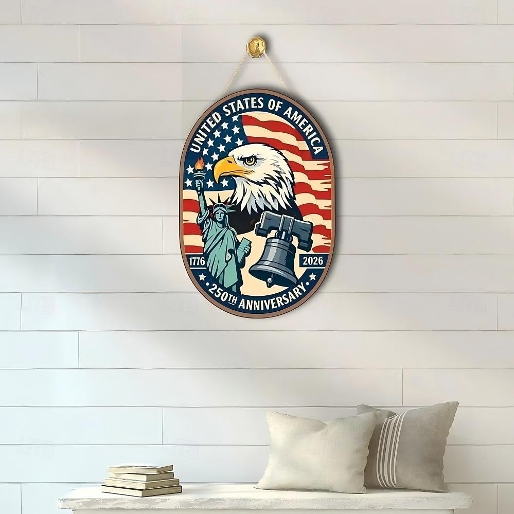 Panneau en bois commémoratif du 250e anniversaire des États-Unis, décoration de porte patriotique pour la fête de l'indépendance, plaque murale style ferme avec drapeau américain, décoration de porche de 2026 ? $13.99 –P5