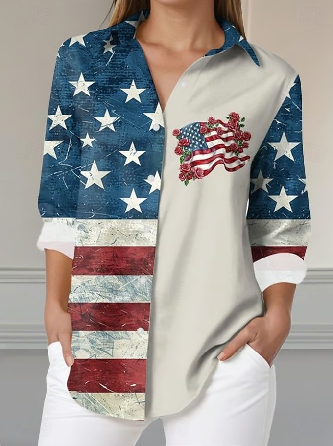 Giorno dell'Indipendenza americana T-shirt da donna bottoni stampa grafica anniversario dell'America vintage elegante moderna a manica lunga colletto regolari top quotidiani blu nero rosso rosso blu del 2026 a $32.99 –P2