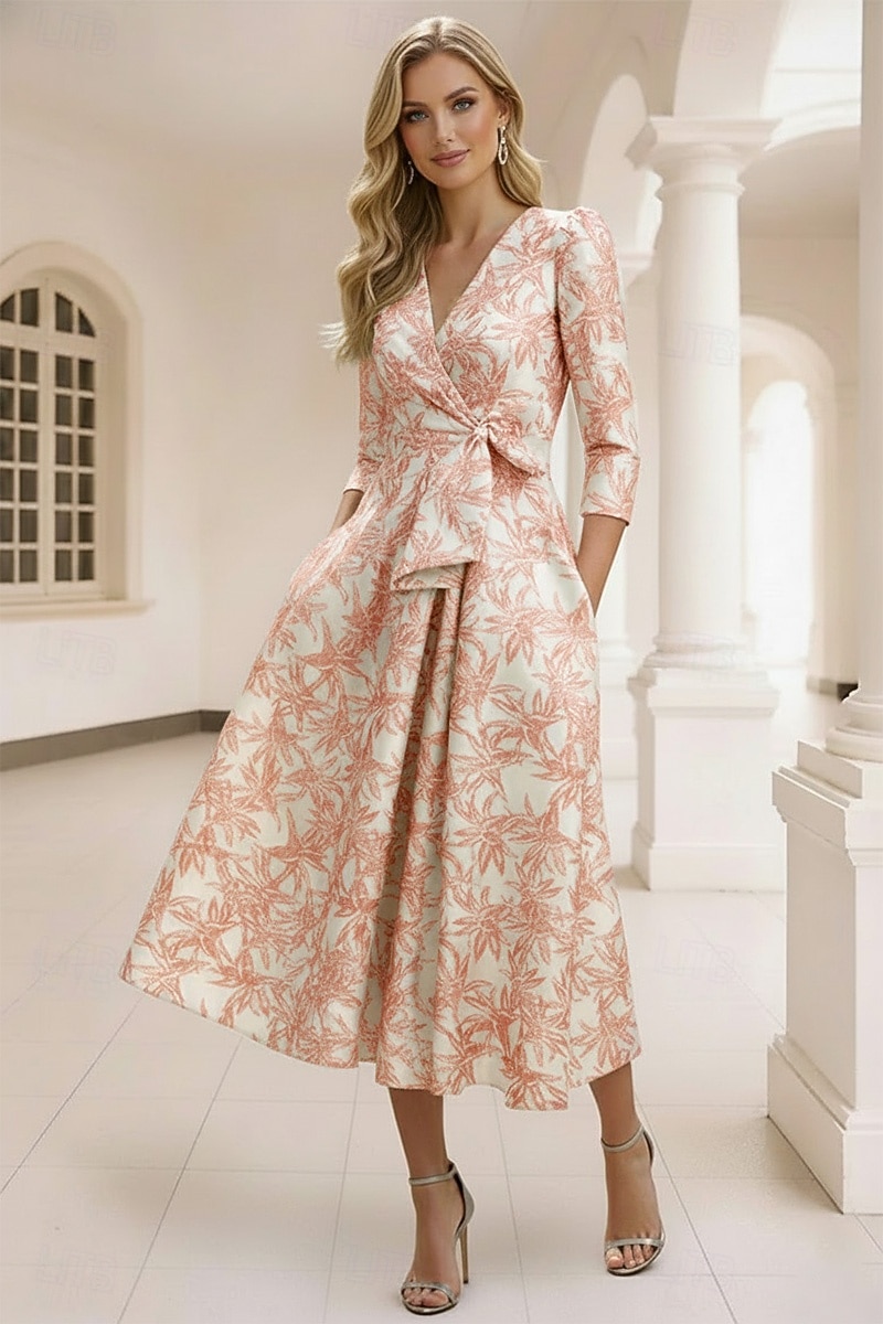 Corte A Vestido Midi Vestido formal Vestidos de coctel Elegante Manga 3/4 Escote en Pico Boda Formal Jacquard con Lazo(s) Plisado 2026 - $154.79 –P5