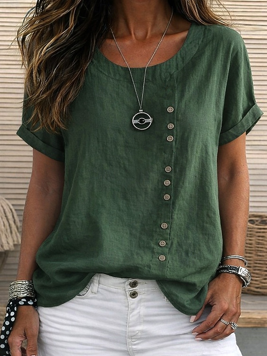 Dames 100% Katoen T-shirt Knop Effen Modieus Stijlvol Klassiek Korte mouw Strakke ronde hals Normale tops Dagelijks Uitgaan Weekend blauw Wit Geel Leger Groen Marineblauw Zomer Lente 2026 - $19.99 –P8