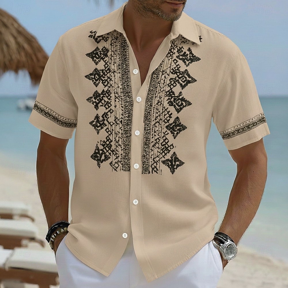 Men's Geometric Pattern Ethnic Shirt Button Up Shirt Short Sleeve Vintage Retro Daily Outdoor Vacation Summer Spring Turndown 3D Print Linen Like Shirt Blue Yellow Sky Blue Purple Khaki 2026 - $25.99 –P2