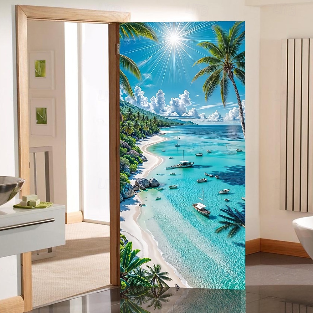 Scenic Coastal Sea View Sailboat Yacht on Turquoise Water with Rocky Cliff and White Flowers Beach Door Banner Cover Wall Tapestry for Home Interior Wall Decoration Front Door Entryway 2026 - $17.99 –P6