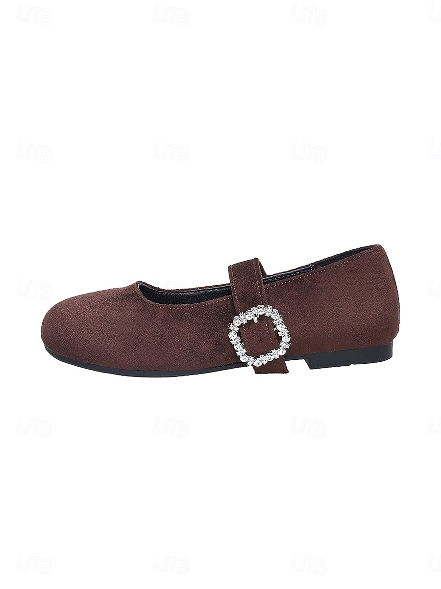 Dames Mary Jane platte schoenen met brede pasvorm in koffiekleur – comfortabele, casual platte schoenen met ronde neus en gesp met strasssteentjes, geschikt voor werk, dagelijkse wandelingen en buitenactiviteiten. 2026 - $19.99 –P1