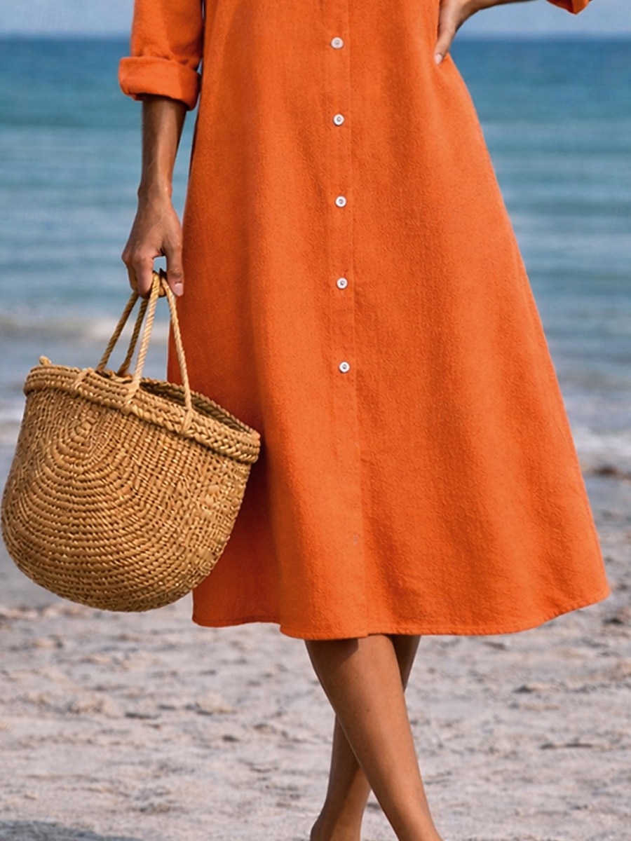 Damskie Sukienka midi Sukienka koszulowa Codzienne sukienki Sukienka A line Sukienka z imitacji lnu Moda Podstawowy Nowoczesny Codzienny Urlop Wyjściowe Regularny Równina Długi rękaw Kołnierzyk 2026 - $26.99 –P6