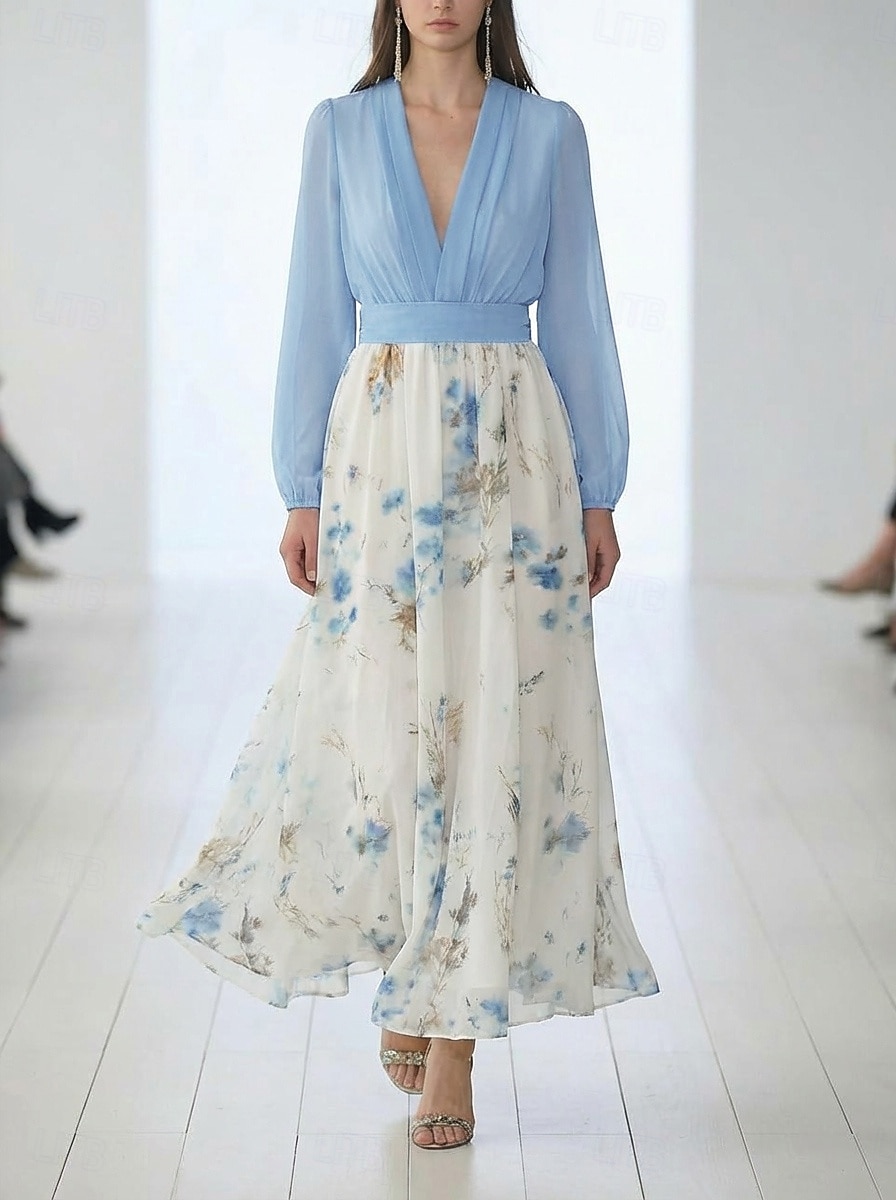 Damen Langes Kleid Maxikleid Freizeitkleid Chiffonkleid Blumenkleid Elegant Mode Romantisch Outdoor Ferien Date Normale Passform Blume Langarm V Ausschnitt Blau Weiß Sommer Frühling 2026 - $36.99 –P1