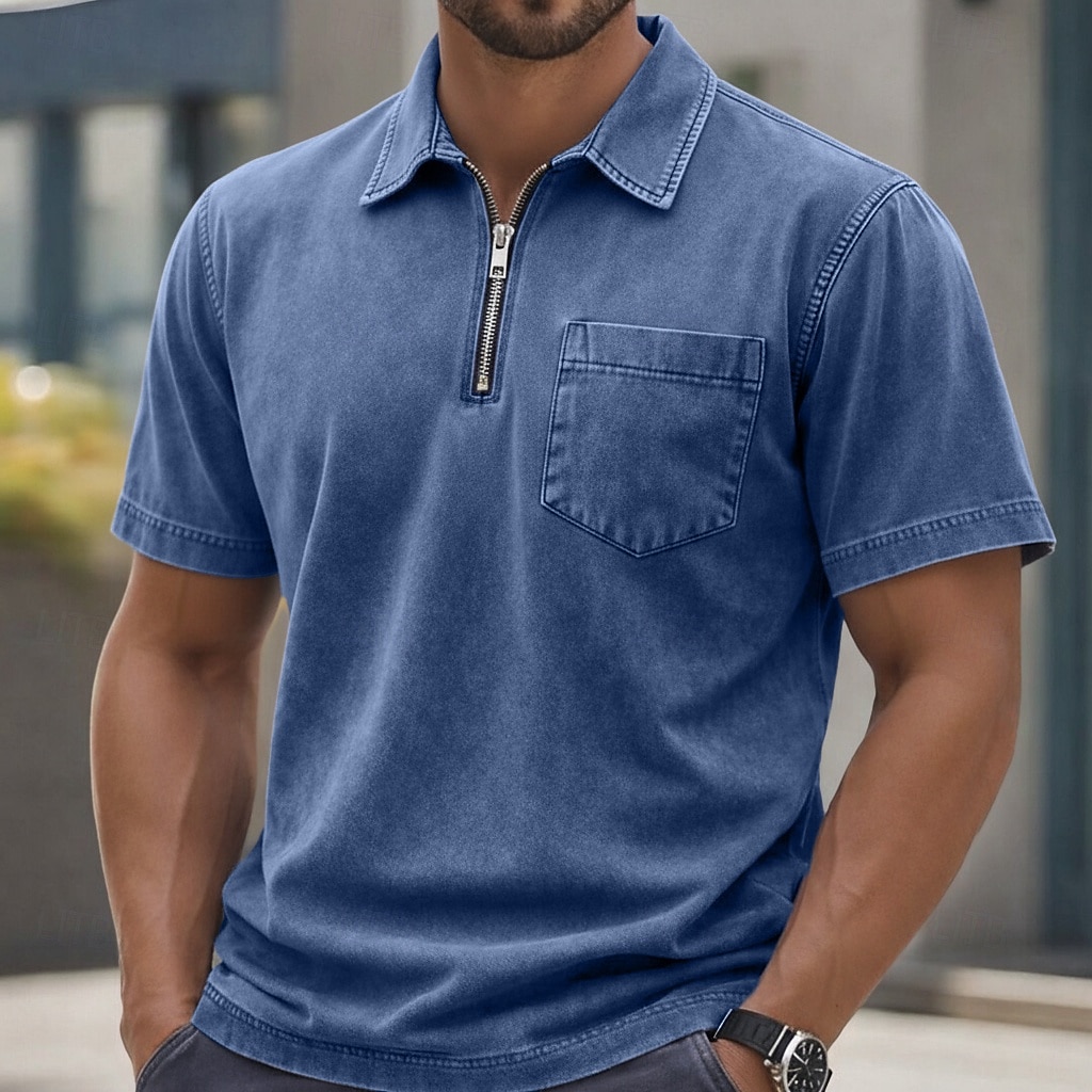 Homme Polo Chemise 100% coton délavée à l'acide Occasionnel Tenue quotidienne Zip quart Manche Courte ancien Basique Uni Avec Poches Affligé Été Coupe régulière Vert Armée Noir Rose Claire bleu de 2026 ? $31.99 –P10