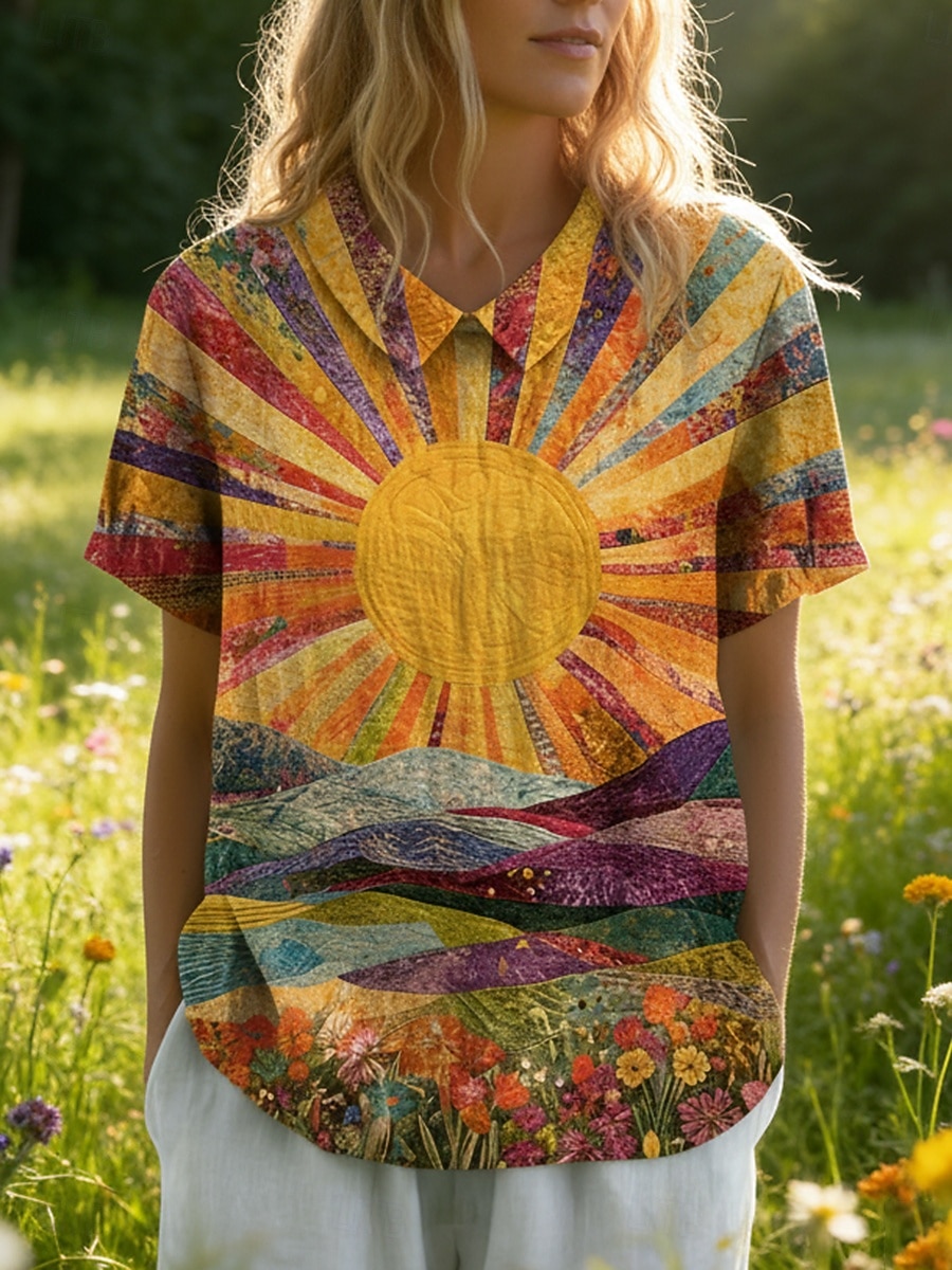 женская блузка пуговицы принт графический рисунок солнце отпуск повседневная повседневная короткий рукав текстурированная ткань рубашка воротник обычный топы повседневный отдых выход на улицу 2026 - $19.99 –P1