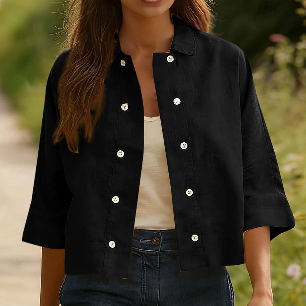 Mulheres Camisa Social Camisas com toque de linho Camisa casual camisa de botão Botões Côr Sólida Férias Vintage Moda Meia Manga Aberto para a Lateral Tops regulares Diário Feriado Roupa de Praia de 2026 por $22.99 –P8