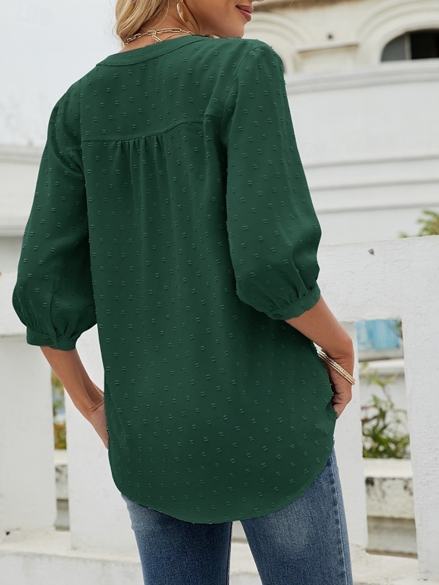 Mujer Blusa Botones Color sólido Elegante Casual Manga 3/4 Escote en Pico Tops regulares Diario Azul Piscina Verde salvia Negro Blanco Rosa Verano Primavera Otoño 2026 - $32.99 –P16