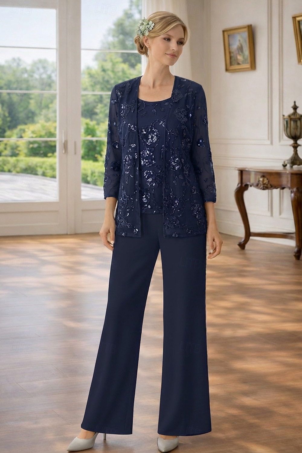 3 Piece Pantsuit Floor Length Mother of the Bride Dress Sleeveless 3/4 Length Sleeve Scoop Neck Elegant Simple Embellished Formal Wedding Guest Formal Evening Chiffon Sequined with Sequin 2026 - $182.99 –P6