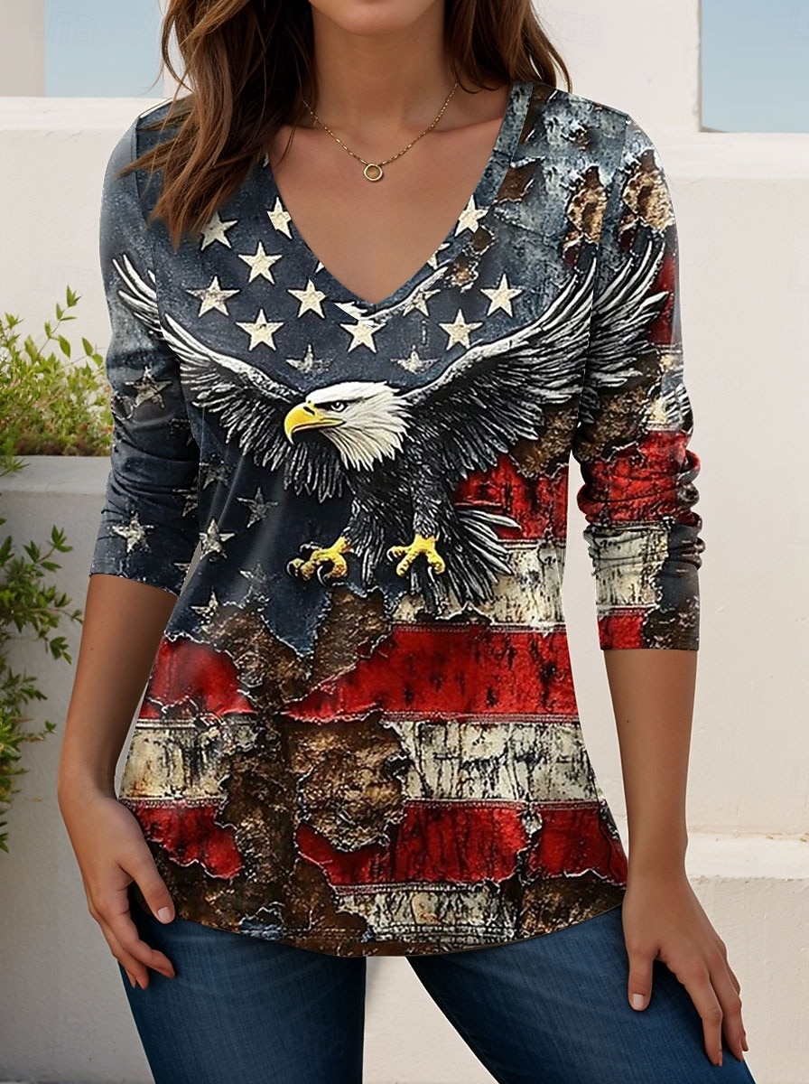 Ημέρα Αμερικανικής Ανεξαρτησίας Γυναικεία Μπλουζάκι Στάμπα Γραφική Αμερικάνικη σημαία Βίντατζ Στυλάτο Κλασσικό Μακρυμάνικο Λαιμόκοψη V Κανονικά μπλουζάκια Καθημερινά Σαββατοκύριακο 2026 - $24.99 –P1
