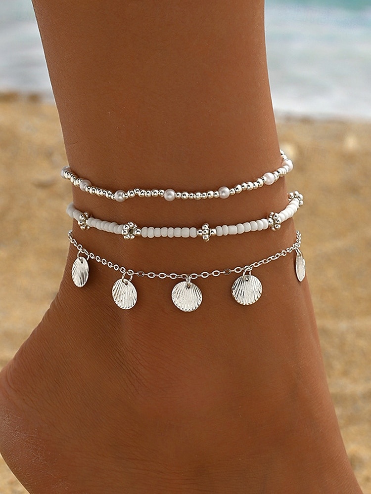 2026年 女性用ボヘミアンスタイル合金アンクレットセット、マルチカラー、シェルチャーム、普段使い、休暇、旅行に最適  コレクション – $7.99 –P4