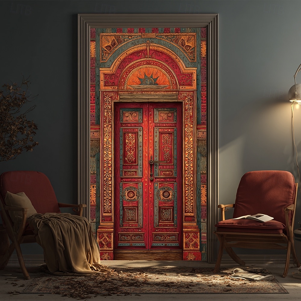 ősi arab piros fa ajtó díszes mór boltív bonyolult virágfaragás 3D realisztikus szövet ajtó banner borító otthoni belső szoba dekoráció bejárat party háttér 2026 - $17.99 –P5