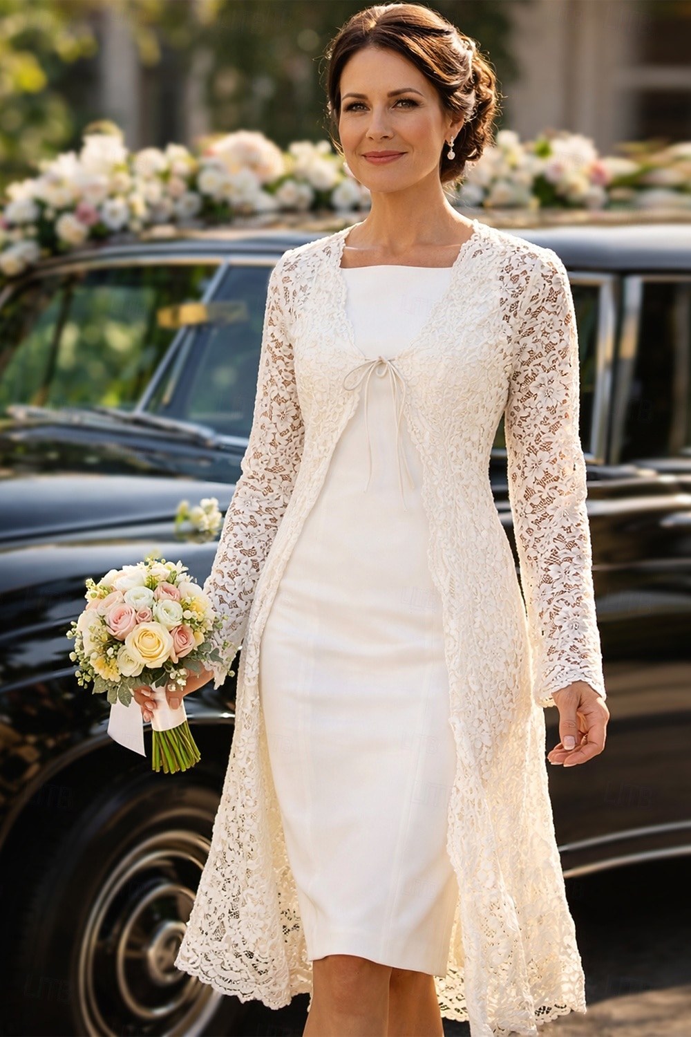 Todelt Linjeform Knelengde Gjestekjole til bryllup Kjole til brudens mor Ermeløs Firkantet hals Elegant Bryllupsgjest Bryllupsfest Kirke Chiffon Blonder Jakke kjoler med Ensfarget 2026 - $160.99 –P4